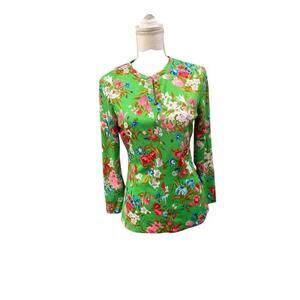 Vintage Joseph Magnin Green Floral Long Sleeve Women's Blouse, size 10
